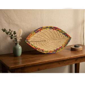 Vintage Handwoven Eye-Shaped Basket – 20” x 11” – Boho Folk Art Decor